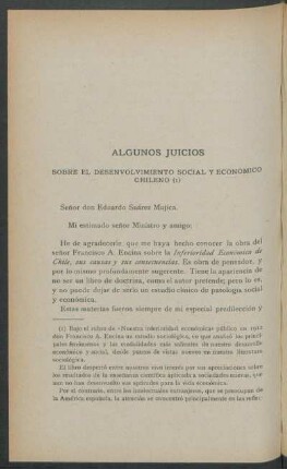 Algunos juicios sobre el desenvolvimiento social y económico chileno
