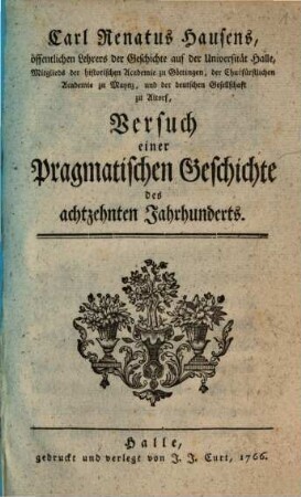 Carl Renatus Hausens Versuch einer pragmatischen Geschichte des achtzehnten Jahrhunderts