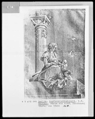 Maria mit dem Kinde am Fuße einer Säule sitzend