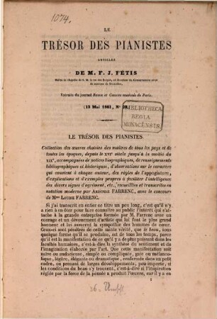 Le Trésor des Pianistes par A. Farrenc : Articles de Fr. Jos. Fétis (Extraits du journal "Revue & Gazette musicale de Paris" 1861. No. 20. 35. 37.)
