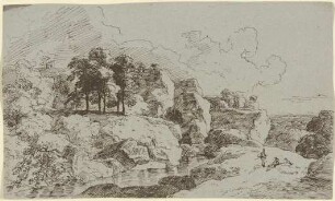 Felslandschaft mit zwei Wanderern an einem Fluss