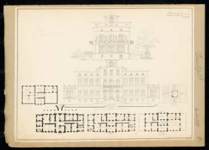 Landhaus Monatskonkurrenz Januar 1838: Grundriss Keller, Erdgeschoss, Obergeschoss, Dachgeschoss, Dachpavillon, Aufriss Vorderansicht, Seitenansicht; 2 Maßstabsleisten