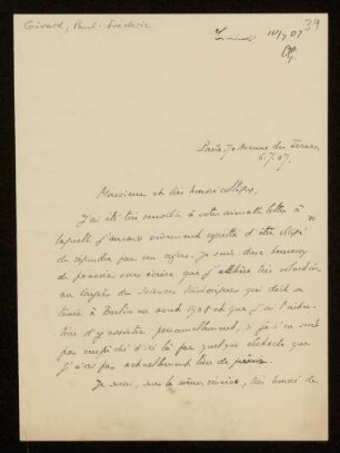 39: Brief von Paul Frédéric Girard an Otto von Gierke, Paris, 6.7.1907