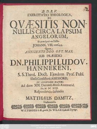 Exercitatio Theologica, De Quaesitis Nonnullis Circa Lapsum Angelorum, Et praecique ex Dicto Johann. VIII. vers. 44.