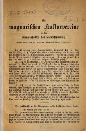 Die magyarischen Kulturvereine in der Hermannstädter Comitatsversammlung