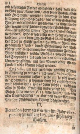 III. Recension derer zu Giessen im Jahr 1727. publicirten und zur Literatur gehörigen Sachen.