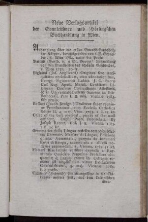 Neue Verlagsartikel der Sonnleithner und Hörlingschen Buchhandlung in Wien.