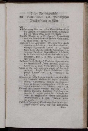 Neue Verlagsartikel der Sonnleithner und Hörlingschen Buchhandlung in Wien.