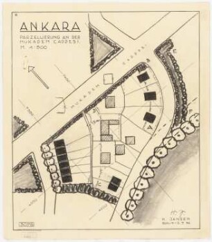 Gesamtbebauungsplan Ankara Teilbebauungsplan äußere Stadt: Lageplan Cebeci, Bebauungsvorschlag für ein Areal südwestlich der Mukaddem Caddesi und nördlich der geplanten Schulanlage von Cebeci