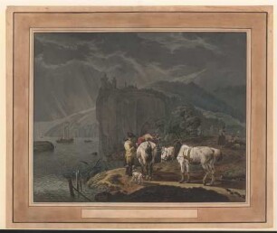 Rheinlandschaft im Gewitter mit Postreiter und zwei Schimmeln