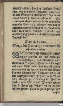 Das II. Capitel. Worzu die Poeterey, und wann sie erfunden worden