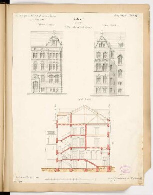 Städtisches Wohnhaus, Berlin Monatskonkurrenz März 1888: Aufriss Straßenansicht, Rückansicht, Längsschnitt; Maßstabsleiste