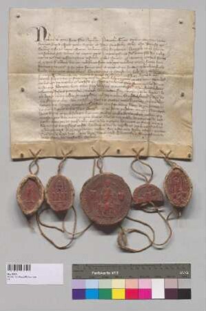 Patriarch Nikolaus von Aquileia und die Bischöfe Ägidius von Vicenza, Antonius von Triest, Prothiva von Zengg und Petrus von Monte Corvino gewähren dem Kloster Gotteszell einen Ablass zu bestimmten Feiertagen für die Kirchenfabrik; S1: Bischof Prothiva v. Zengg, S2: Bischof Ägidius v. Vicenza, S3: Patriarch Nikolaus v. Aquilea, S4: Bischof Antonius v. Triest, S5: Bischof Petrus v. Monte Corvino
