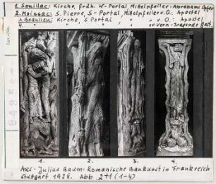 Vergleich: Souillac, Kirche: früheres WEstportal, Mittelpfeiler, Abrahams Opfer mit: Moissac, St. Pierre, Südportal, Mittelpfeiler v. O., Apostel; Beaulieu, Kirche, Südportal, Mittelpfeiler v. O., Apostel und Beaulieu, Kirche, Südportal, Mittelpfeiler von vorn, Tragende Gestalt