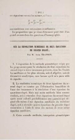 Sur la résolution numérique de deux équations du second degré.