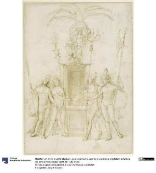 Zwei männliche und zwei weibliche Gestalten all'antica vor einem Venusaltar