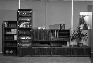Anbauwand : Ribnitz-Damgarten. VEB Möbelkombinat Ribnitz-Damgarten. Hausmesse, 1986. Anbauwand. Holz, folienbeschichtet in Sapelioptik (1986; VEB Möbelkombinat Ribnitz-Damgarten)