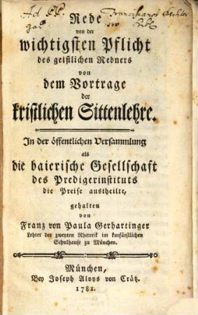 Rede von der wichtigsten Pflicht des geistlichen Redners von dem Vortrage der kristlichen Sittenlehre