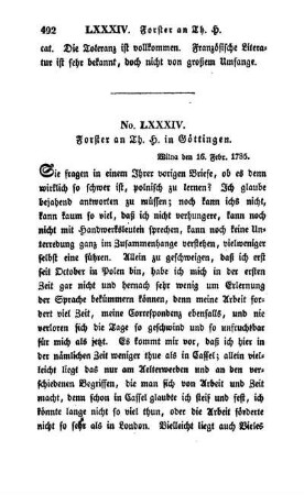 No. LXXXIV. Forster an Th. H. in Göttingen