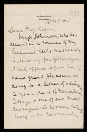 Nr. 26: Briefe von Arthur Cayley an Felix Klein, Cambridge, 19.11.1894