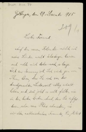 Nr. 26: Brief von Hermann Minkowski an Adolf Hurwitz, Göttingen, 29.12.1905