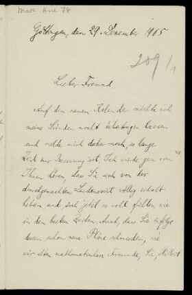 Nr. 26: Brief von Hermann Minkowski an Adolf Hurwitz, Göttingen, 29.12.1905