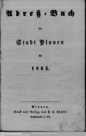 1863: Adreßbuch der Stadt Plauen i. V.