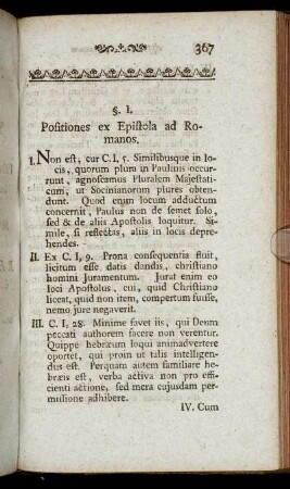 §. I. Positiones ex Epistola ad Romanos. - §. IX. Positiones ex Epistola ad Thessalonicenses altera.