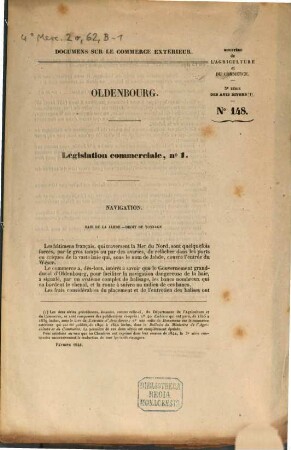 Documens sur le commerce extérieur. Oldenbourg. Législation commerciale. 1. 1844