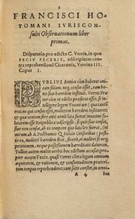 Francisci Hotomani iurisconsulti observationum liber ... Observationes. 1. (1571). - 87 S.