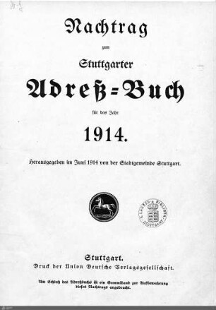1914 - Nachtrag: Stuttgarter Adressbücher / Nachtrag, 1914
