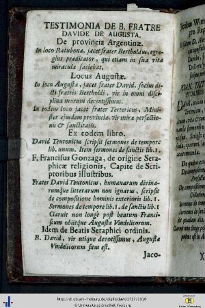 Testimonia de Beato Fratre Davide...