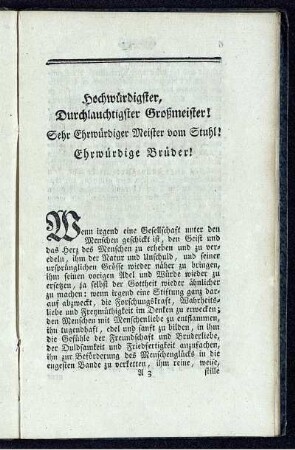Hochwürdiger, Durchlauchtiger Großmeister! Sehr Ehrwürdiger Meister vom Stuhl! Ehrwürdige Brüder!