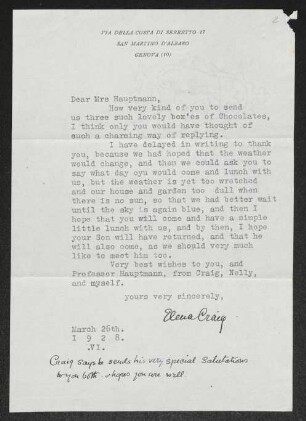 Brief von Elena Craig an Gerhart Hauptmann