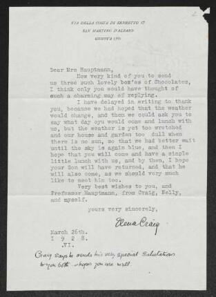 Brief von Elena Craig an Gerhart Hauptmann