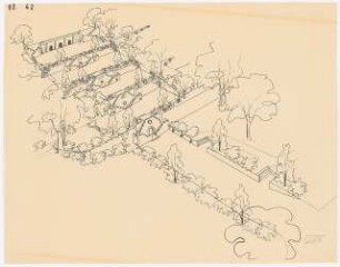 Bundesgartenschau 1955, Kassel: Perspektivische Ansicht (Vogelschau) der Kriegergedenkstätte am Aueberg