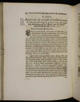 N. XXVII. Renovatio & extensio Constitutionum de dato 28. Julii 1693. & 4. Dec. 1704. [...].