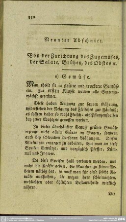 Neunter Abschnitt. Von der Zurichtung des Zugemüses, der Salate, Brühen, des Obstes [et]c.