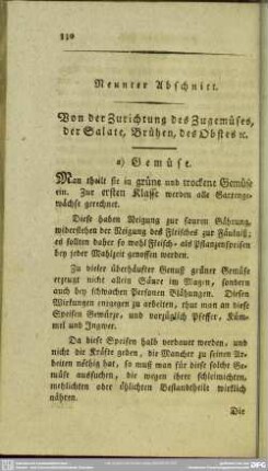 Neunter Abschnitt. Von der Zurichtung des Zugemüses, der Salate, Brühen, des Obstes [et]c.