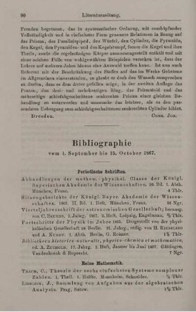 Bibliographie vom 1. September bis 15. October 1867.