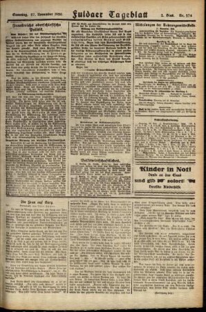 Zweite Ausgabe vom Samstag, den 27. November 1920.