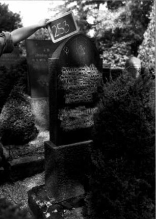Grabstein 253 (Index: 100109496) Material: Granit Zustand: gut Maße HxBxT: 137x44x15 cm Beschreibung: Stele, Sockel, eingezogener Spitzbogenabschluß Symbolik: Davidstern: Grabstein 253