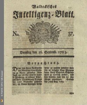 No. 37, Dienstag den 16. Septemb. 1783