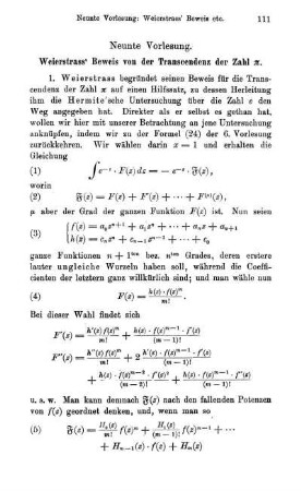 Neunte Vorlesung. Weierstrass'scher Beweis der Transcendenz von ... .