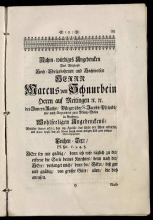 Ruhm- würdiges Angedenken ... Herrn Marcus von Schnurbein ...