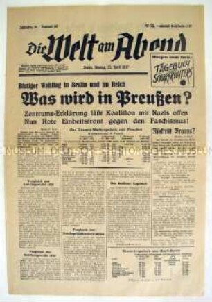 Kommunistische Berliner Abendzeitung "Die Welt am Abend" zu den Ergebnissen der Landtagswahl in Preußen