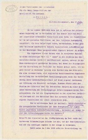 Brief von Hans Steffen an die Henry Lange-Stiftung der Gesellschaft für Erdkunde zu Berlin