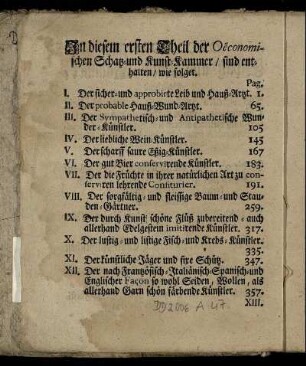 In diesem Theil der Oeconomischen Schatz- und Kunst-Kammer / sind enthalten / wie folget