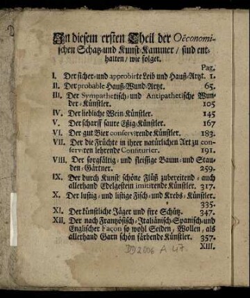 In diesem Theil der Oeconomischen Schatz- und Kunst-Kammer / sind enthalten / wie folget
