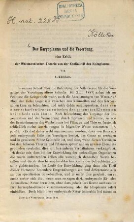Das Karyoplasma und die Vererbung eine Kritik der Weismann'schen Theorie von der Kontinuität des Keimplasma